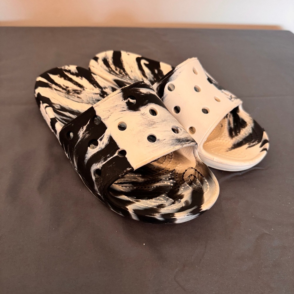 Crocs Classic Marbled Slides Black White Marble Sandals Womens 7 Mens 5